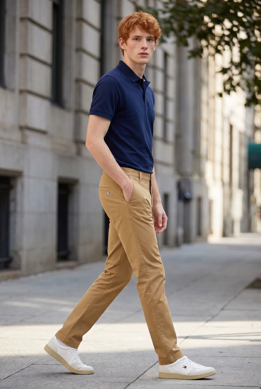 Khaki straight slim-fit chinos with zip fly, belt loops, and tapered legs