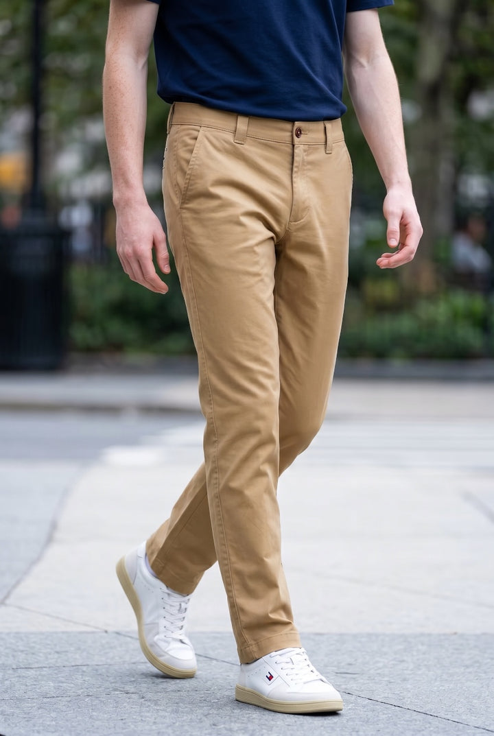 Khaki slim chino pants with button fly and front slant pockets