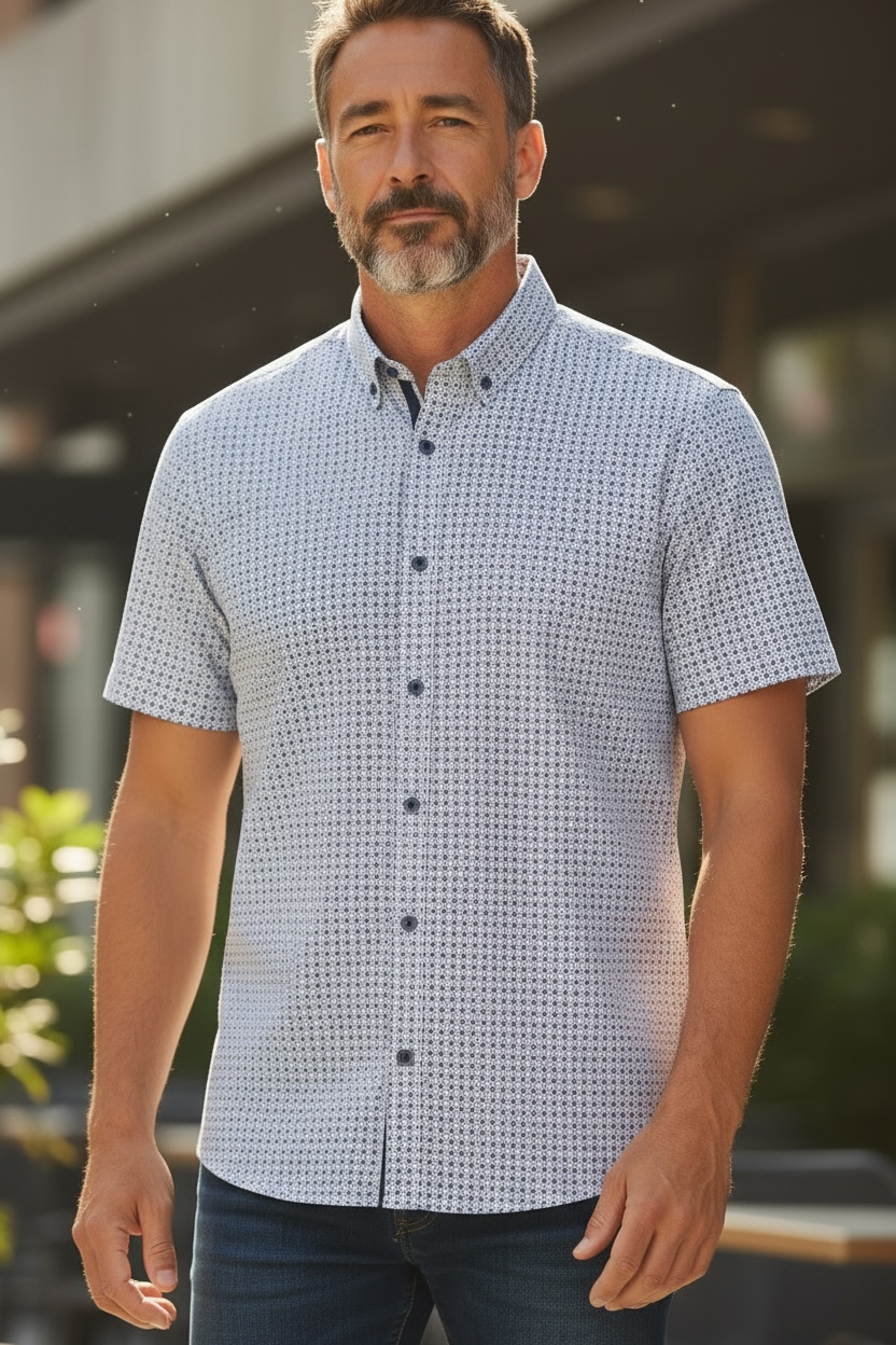 BUGATTI SHORT SLEEVE BLUE PRINT SHIRT