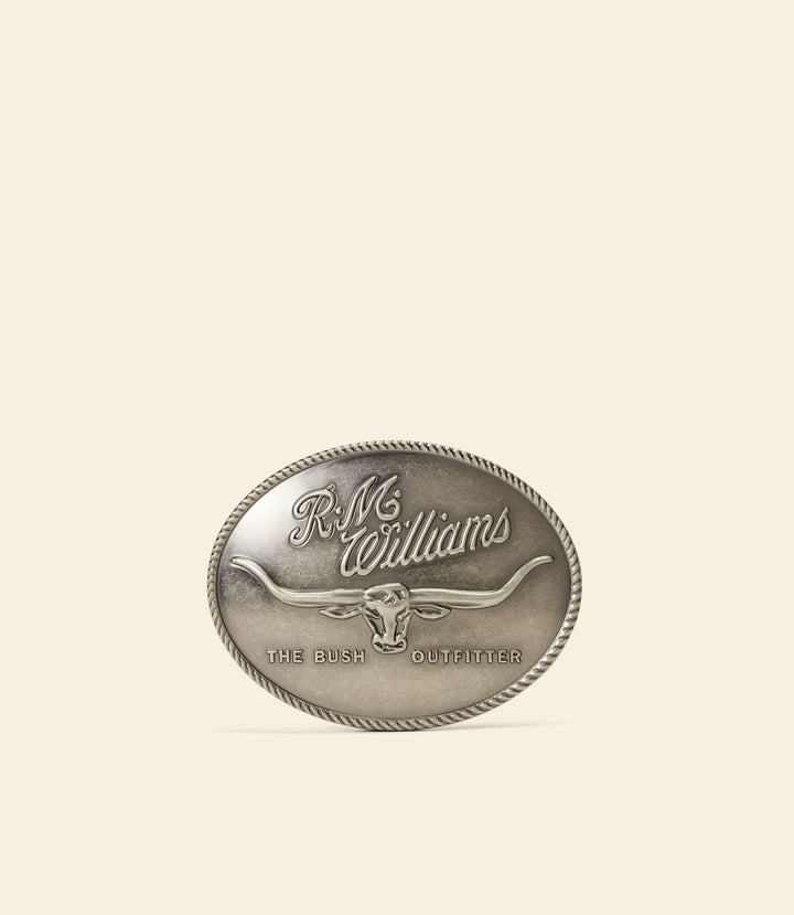 Silver circular RM Williams logo buckle with &
