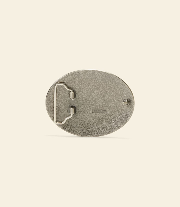 Back view of silver RM Williams belt buckle with metal prongs and clip