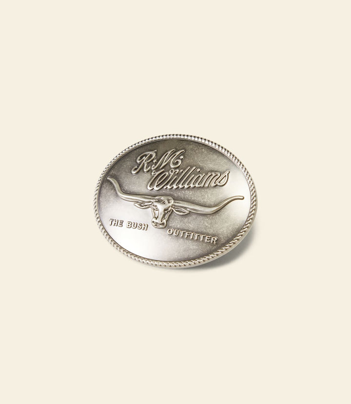 Silver RM Williams logo belt buckle with &