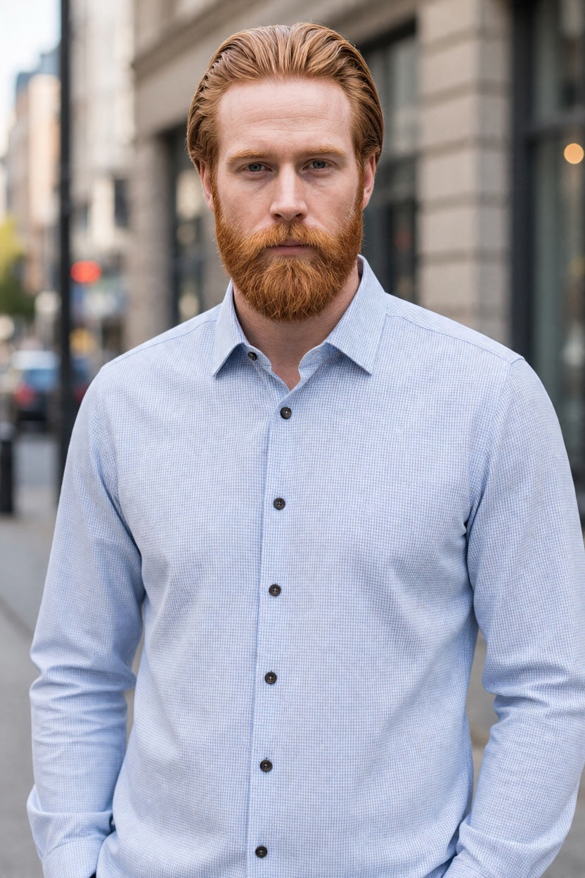 BUGATTI SIMON Blue button-up dress shirt, long sleeves, spread collar