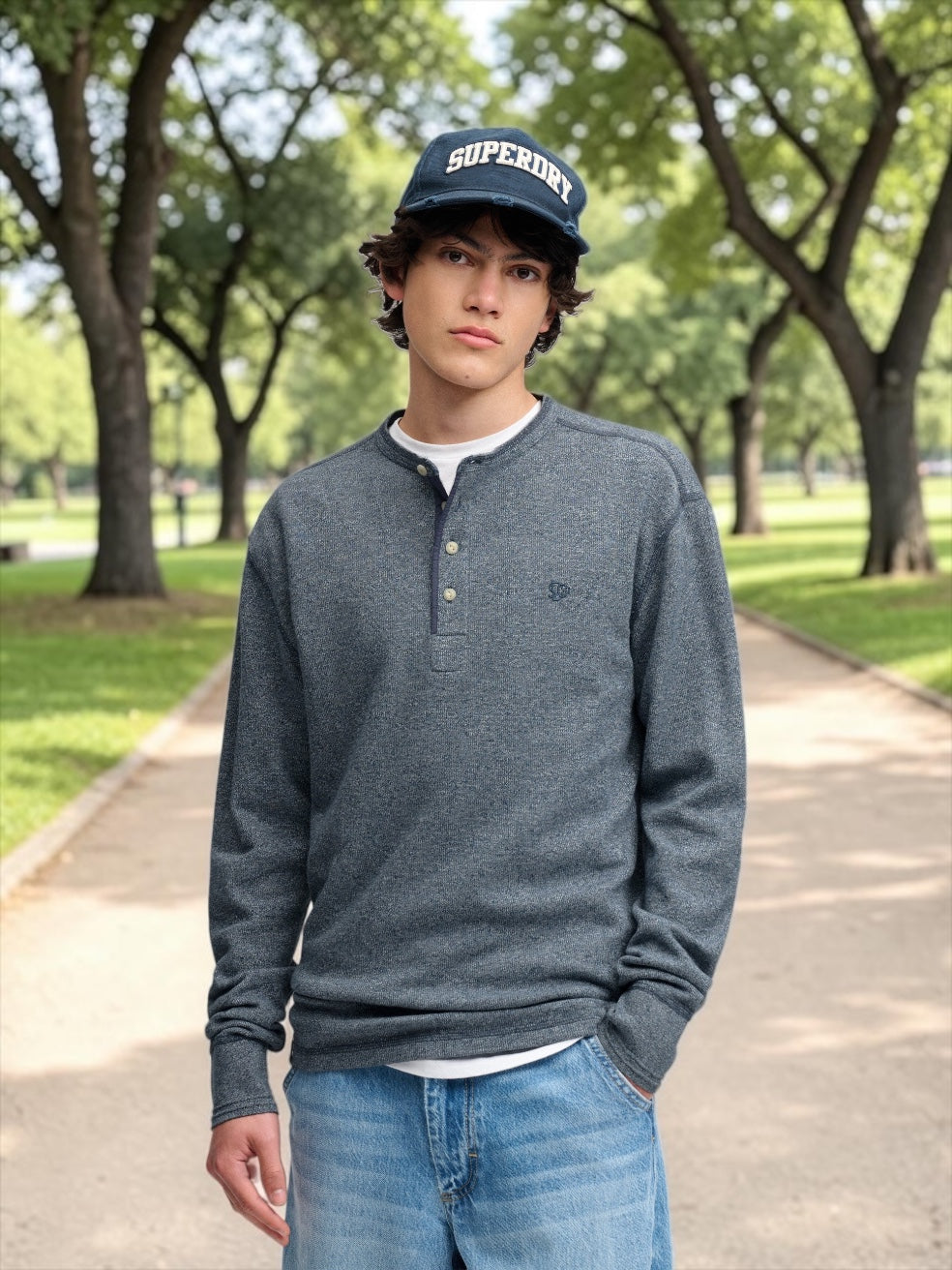 SUPERDRY DENIM MINI SLUB WAFFLE LS GRANDAD SWEAT