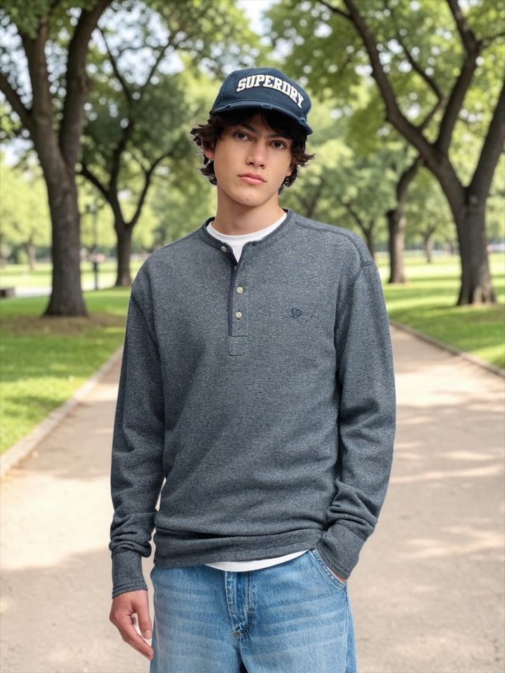 SUPERDRY DENIM MINI SLUB WAFFLE LS GRANDAD SWEAT