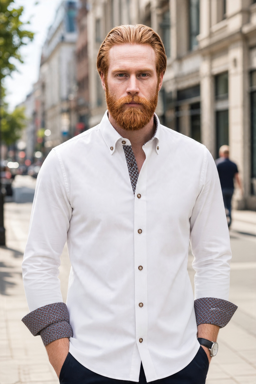 White dress shirt with button front, dark-trimmed collar and patterned cuffs
