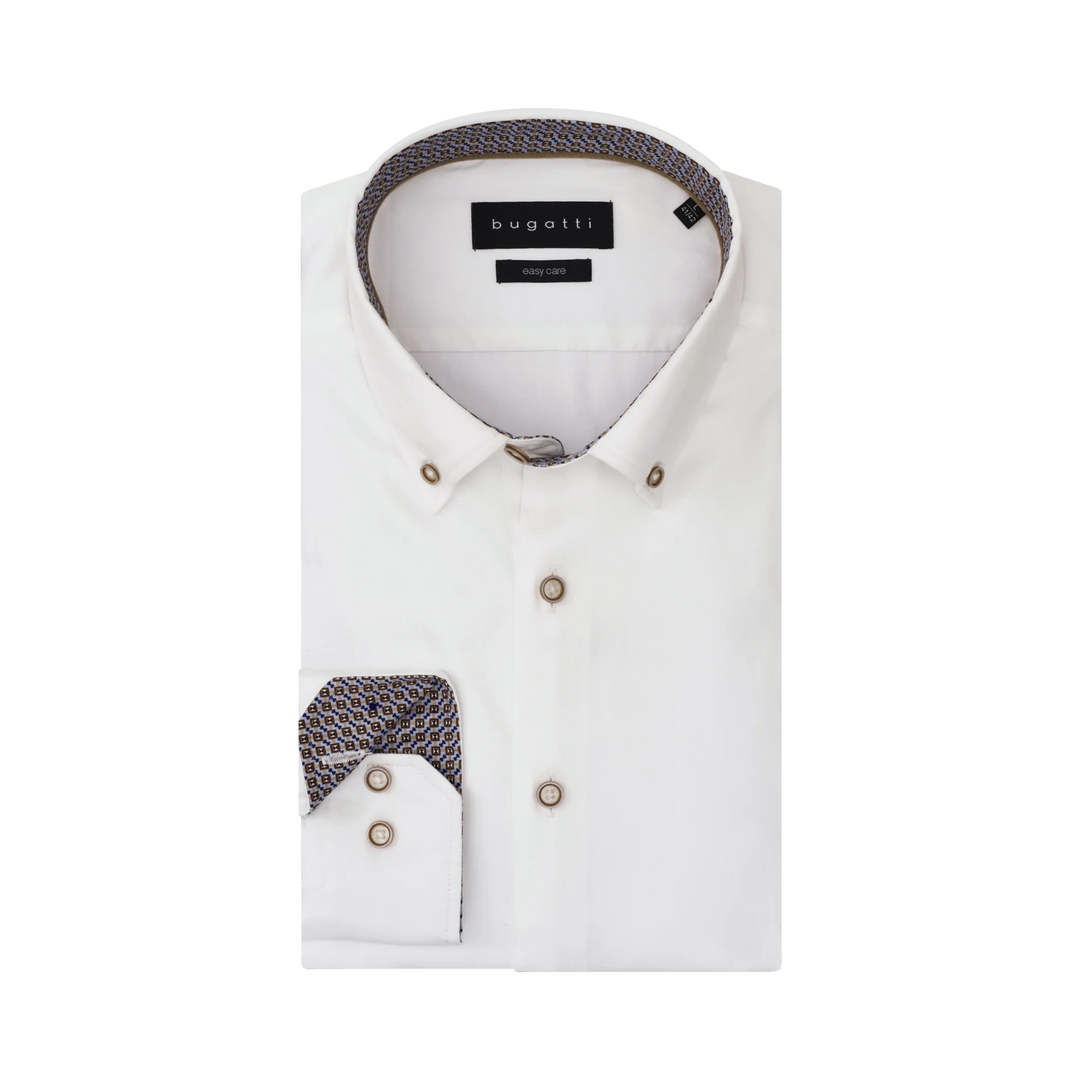 White dress shirt with button front and dark-trimmed collar; brand label inside