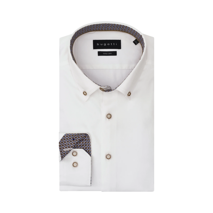 White dress shirt with button front and dark-trimmed collar; brand label inside
