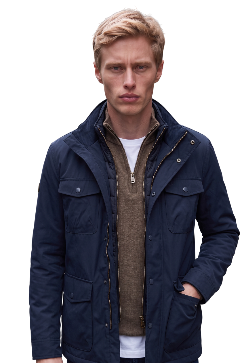 Men's dark navy 2-in-1 jacket on model, stand collar and zip front