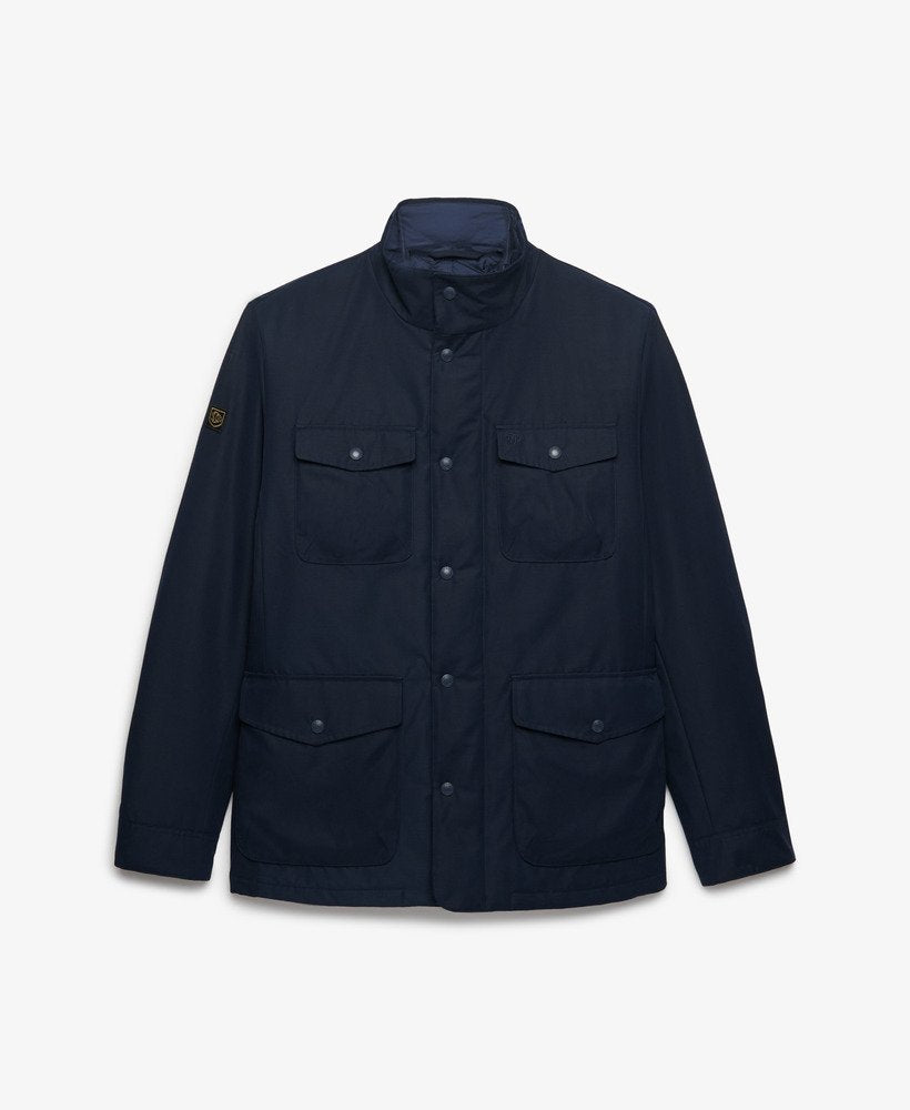 Men's dark navy 2-in-1 jacket, button front, dual chest pockets, stand collar