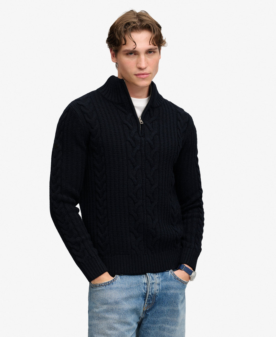SUPERDRY NAVY JACOB CABLE 1/2 ZIP KNIT