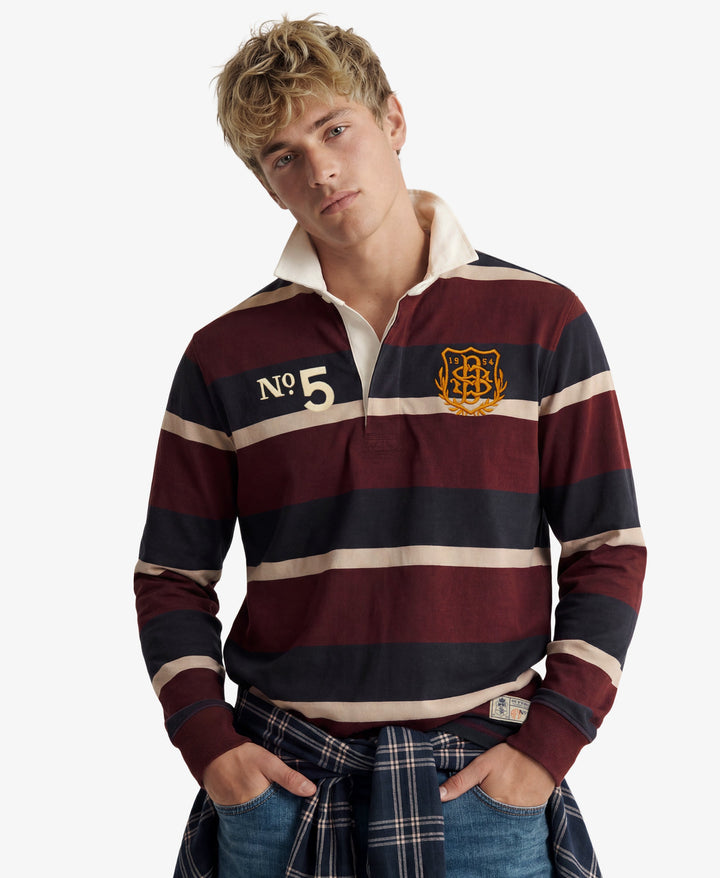 SUPERDRY NAVY STRIPED DOUBLE EMBLEM RUGBY SHIRT
