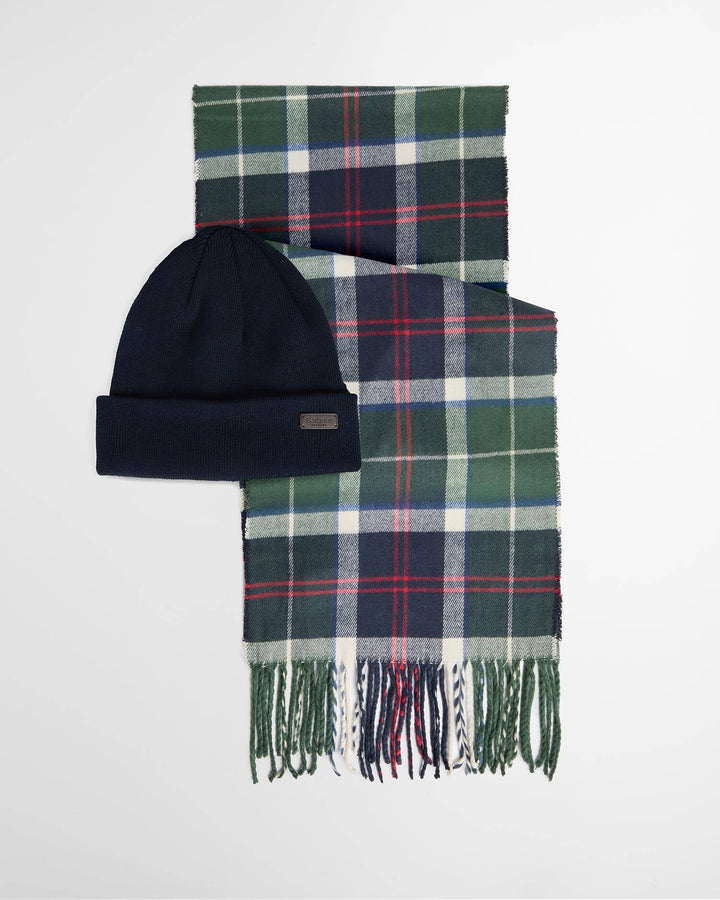 Navy beanie and green plaid scarf set with fringe, Barbour leather patch