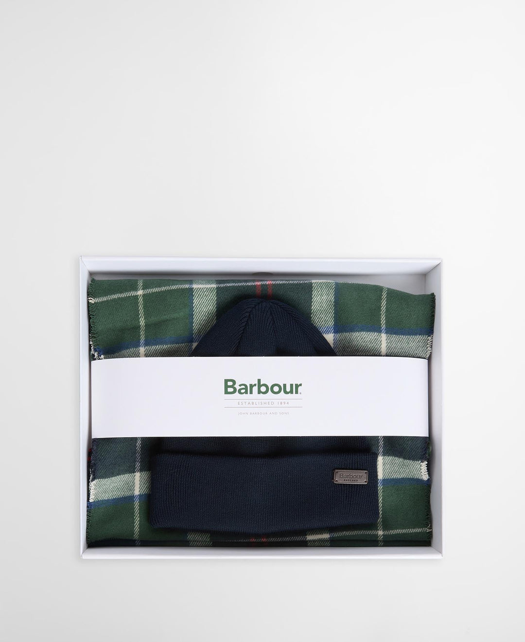 Beanie and tartan scarf set in gift box; navy beanie logo patch, green plaid fringe