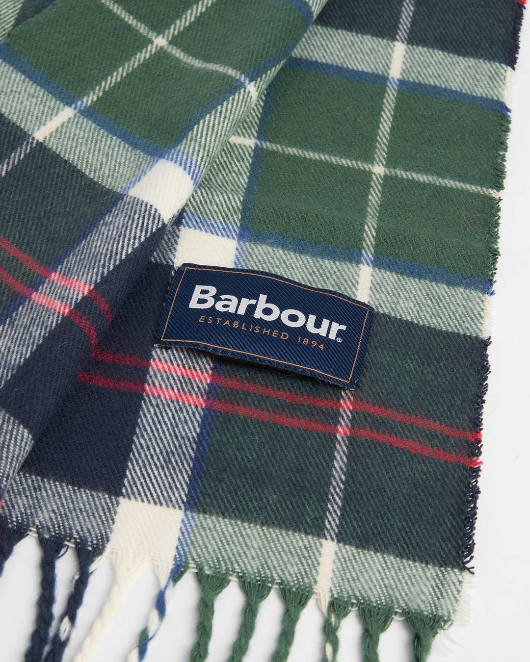 Green plaid scarf with Barbour woven label and fringe ends