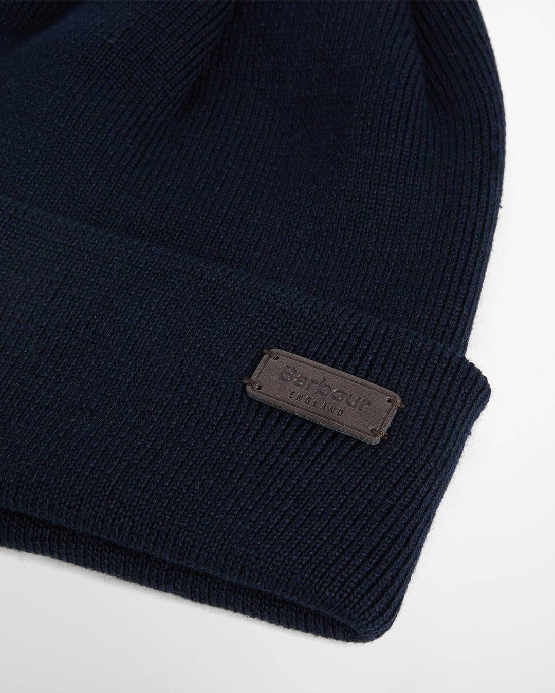 Navy ribbed beanie with Barbour metal logo patch