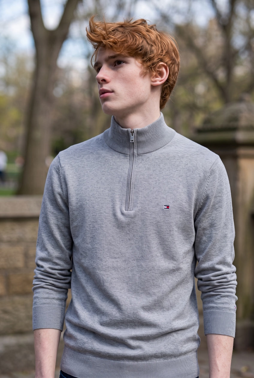 TOMMY HILFIGER  GREY HEATHER ESS COTTON ZIP MOCK SWEATER