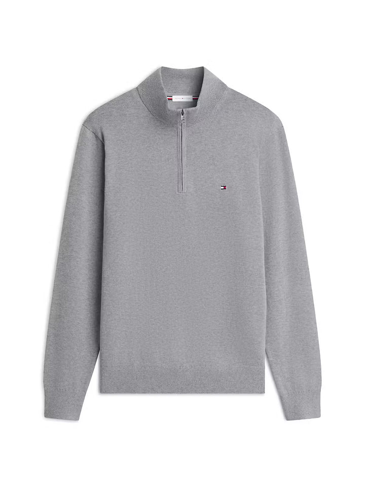 TOMMY HILFIGER  GREY HEATHER ESS COTTON ZIP MOCK SWEATER