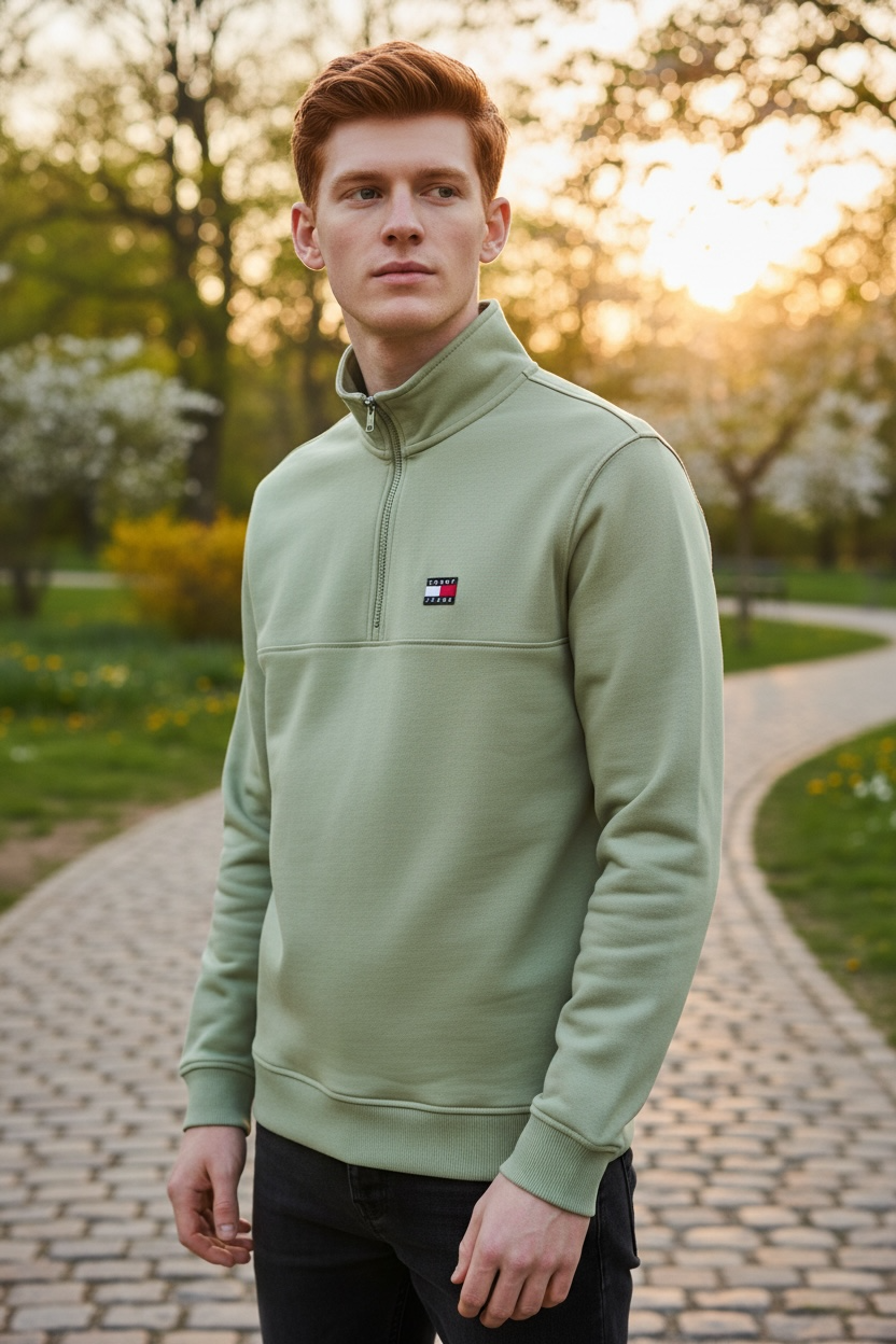 TOMMY JEANS 1/4 ZIP OLIVE SWEAT