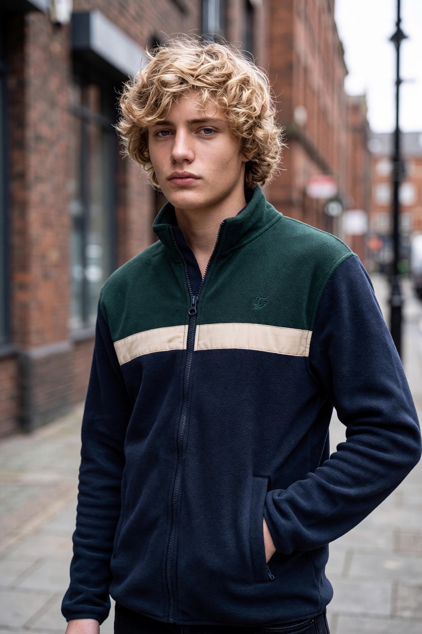 SUPERDRY NAVY/GREEN TRICOLOUR ZIP TRU FLEECE