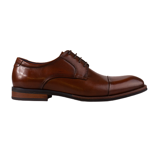 Brown leather lace-up oxford dress shoe with sleek toe and stitched panel