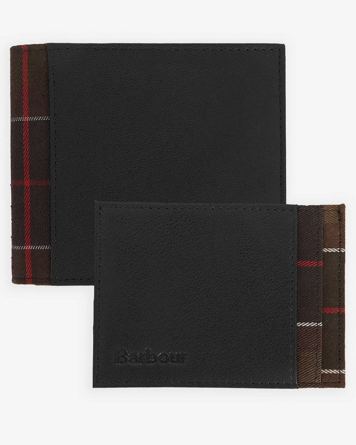 Black leather card holder set with small front flap and tartan side pocket