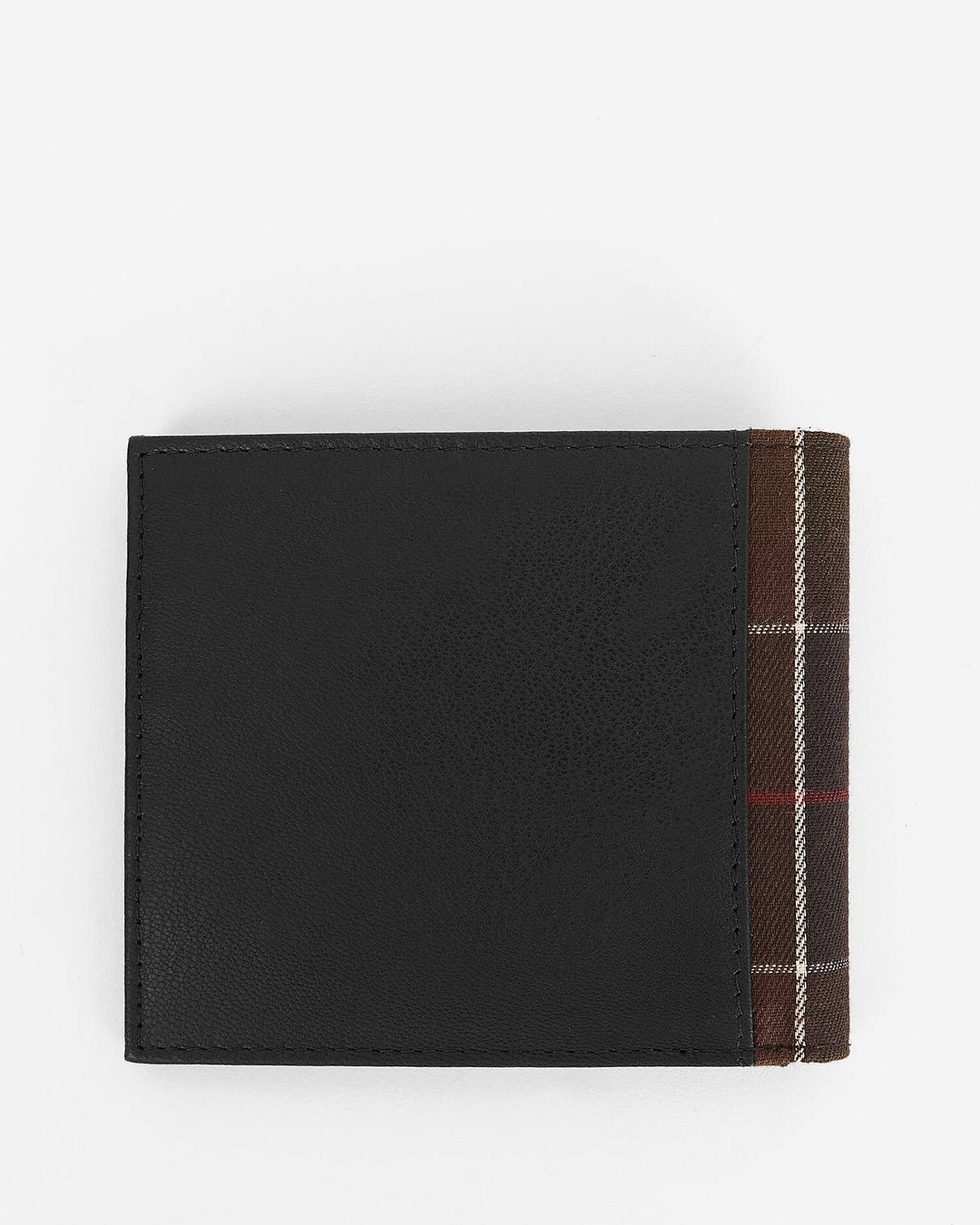 Black leather card holder with visible tartan fabric panel on side
