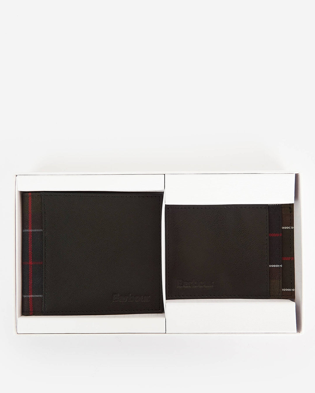 Black leather card holder opened in box with tartan panel on edge