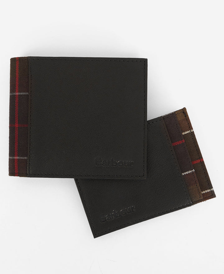 Black leather wallet and card holder with interior tartan stripe panel