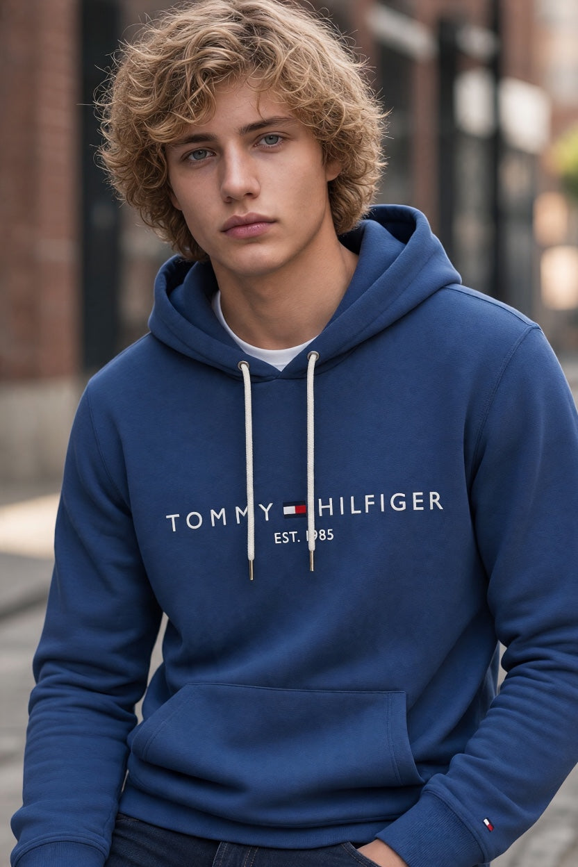 Blue Tommy Hilfiger logo pullover hoodie with drawstring hood and kangaroo pocket