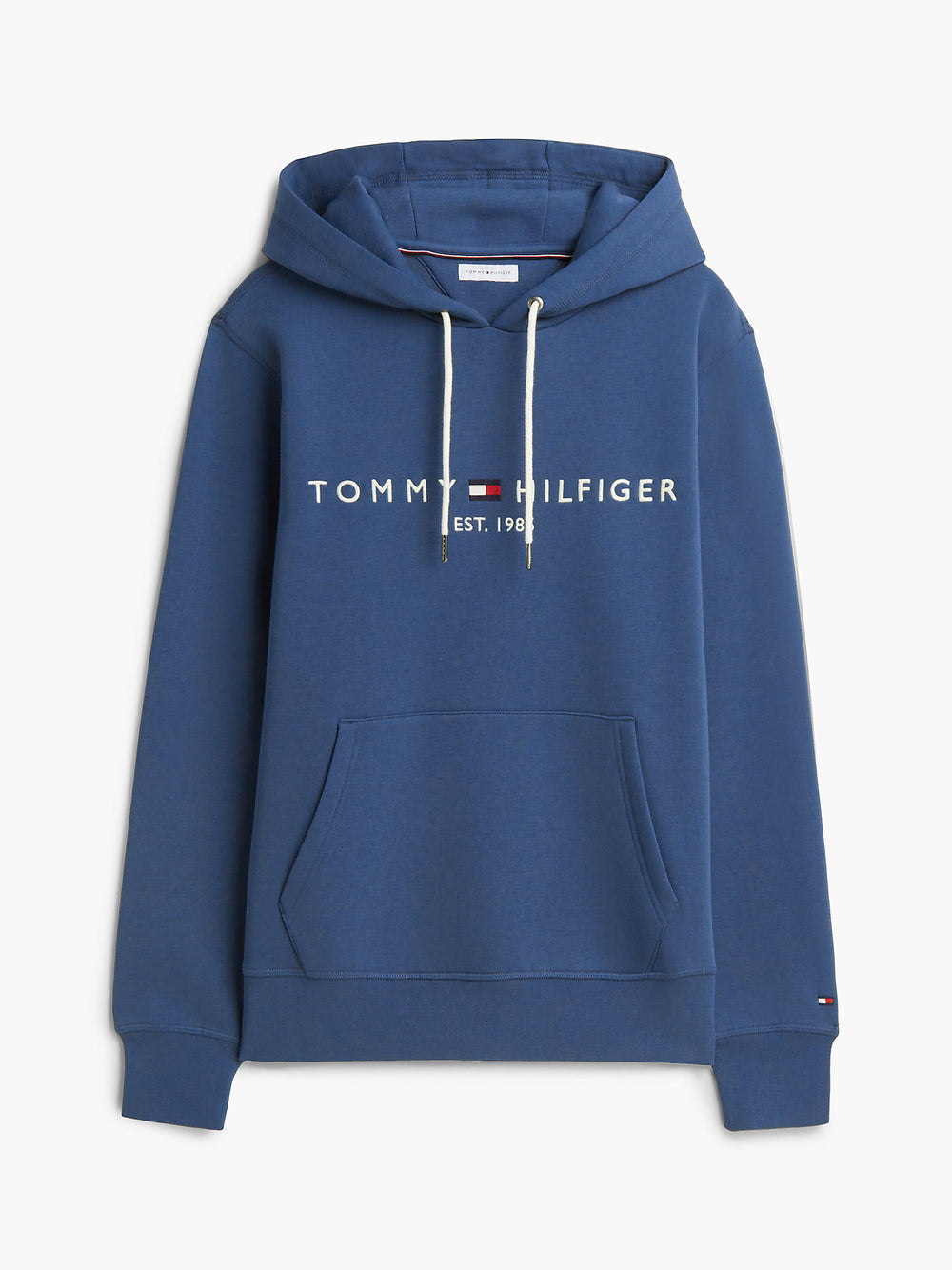 Blue Tommy Hilfiger logo pullover hoodie, front kangaroo pocket, drawstring hood
