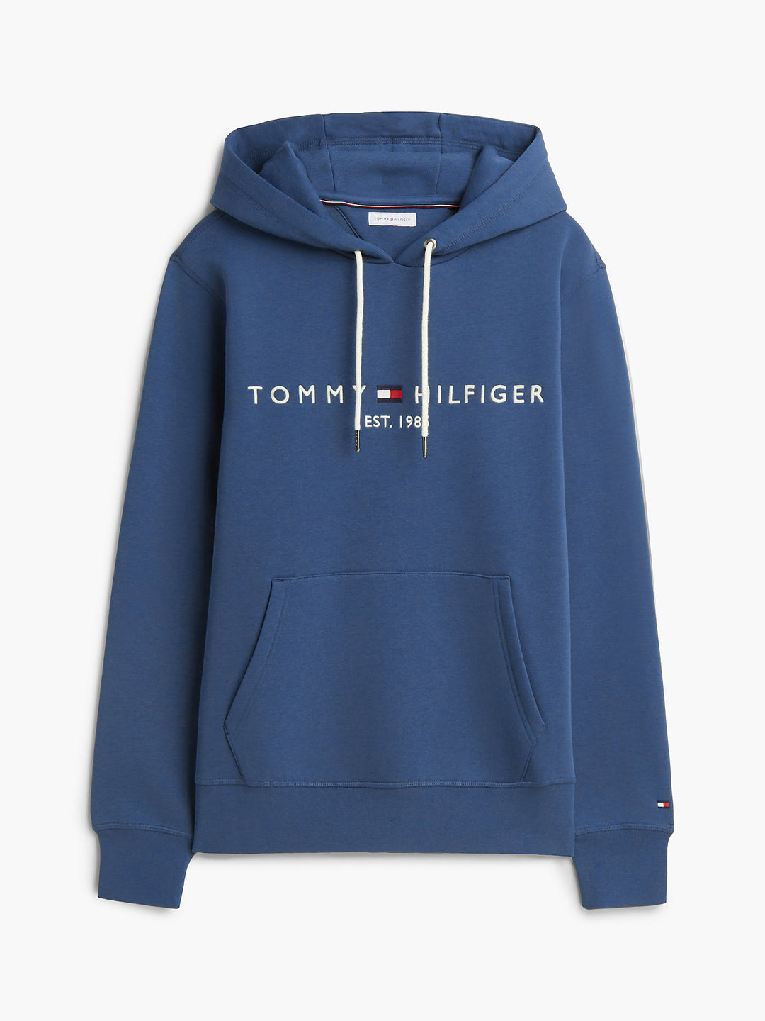 Blue Tommy Hilfiger logo pullover hoodie, front kangaroo pocket, drawstring hood