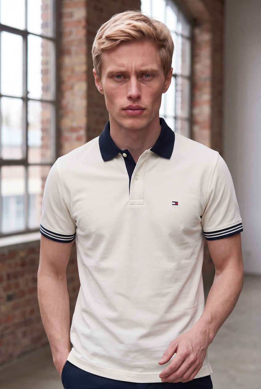 TOMMY HILFIGER  IVORY INTERLOCK PLACKT DETAIL REG POLO