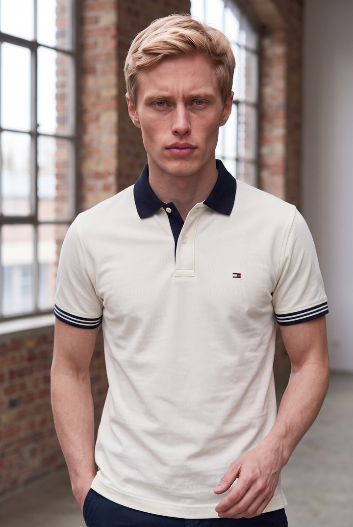 TOMMY HILFIGER  IVORY INTERLOCK PLACKT DETAIL REG POLO