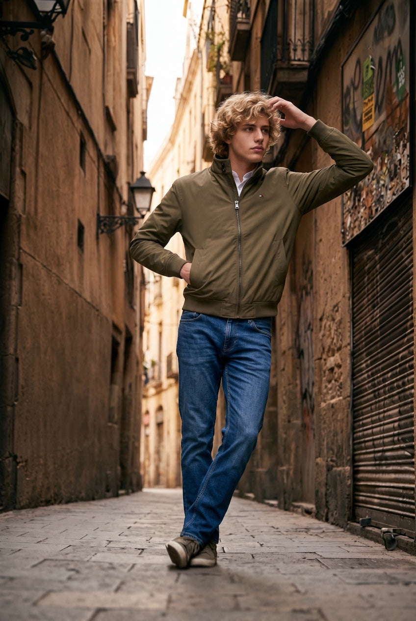 Olive Harrington jacket with full zip, stand collar, and flap pockets