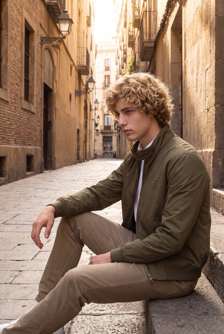 Olive Harrington jacket with zip closure and side pockets, relaxed fit