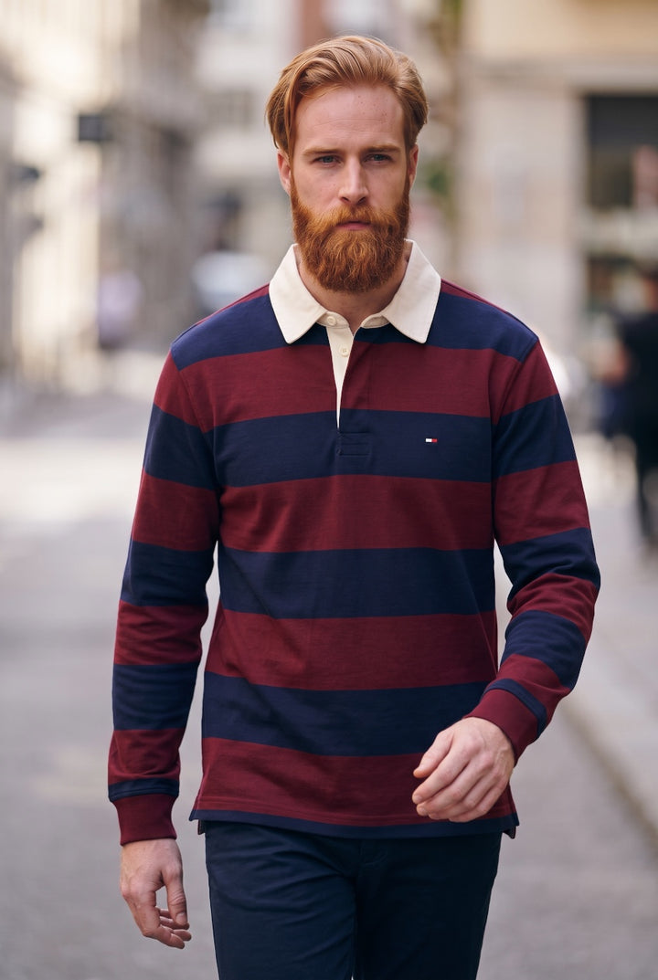THM BURGUNDY/NAVY ESS STRIPE RUGBY SHIRT