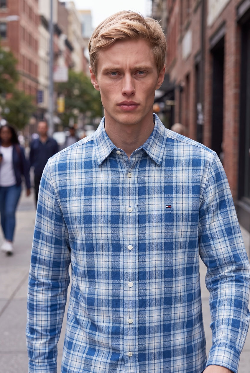 TOMMY JEANS  BLUE REG DOBBY CHECK SHIRT EXT