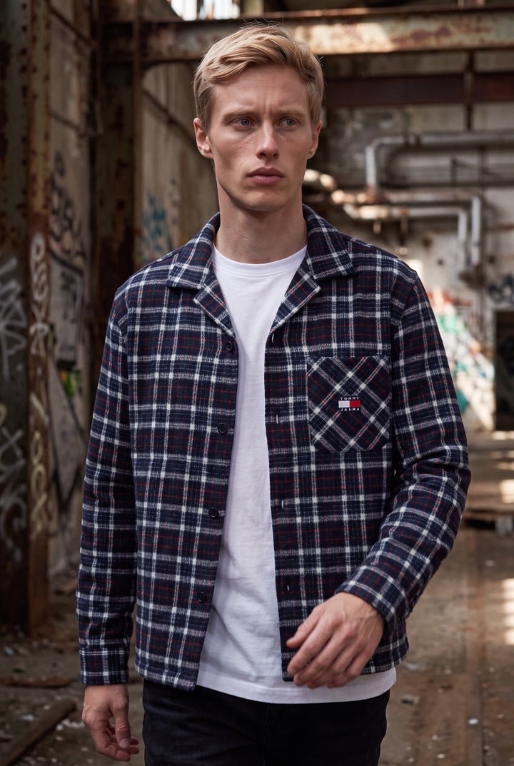 TOMMY JEANS  DARK BLUE CHECK BOXY WAFFLE SHIRT