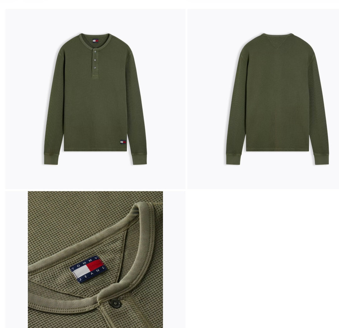 TOMMY JEANS  GREEN REG WASHED WAFFLE HENLY LS