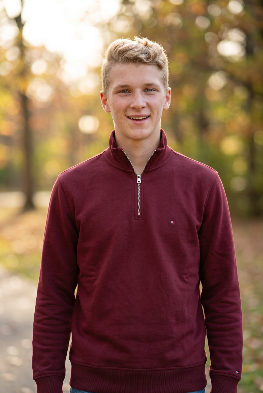 TOMMY HILFIGER burgundy 1/4-zip fleece sweatshirt on model, small chest logo