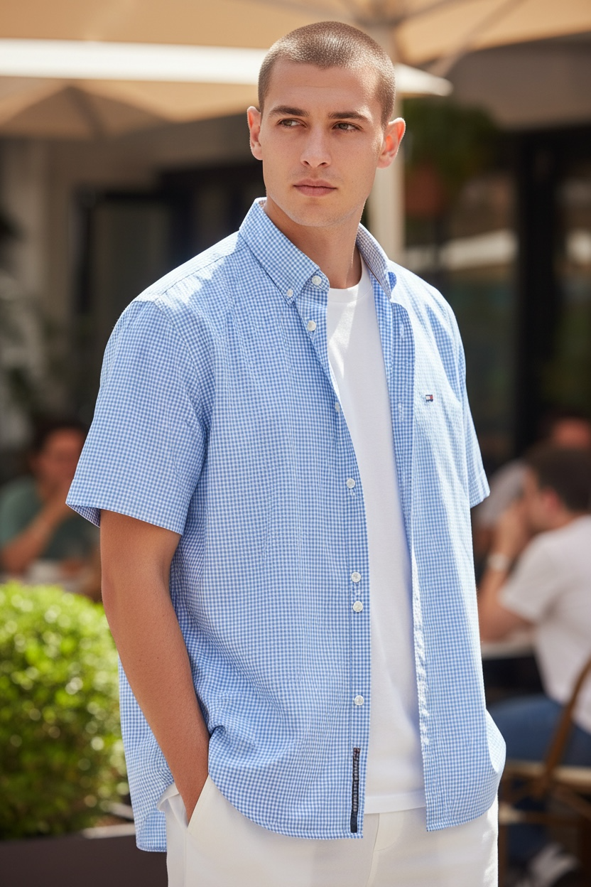 TOMMY HILFIGER BLUE GINGHAM SHORT SLEEVE  SHIRT