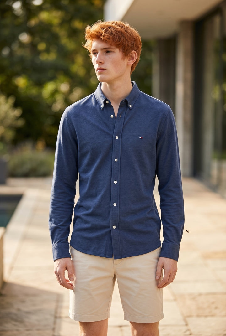 Pique denim shirt in dark blue with button-front placket and long sleeves