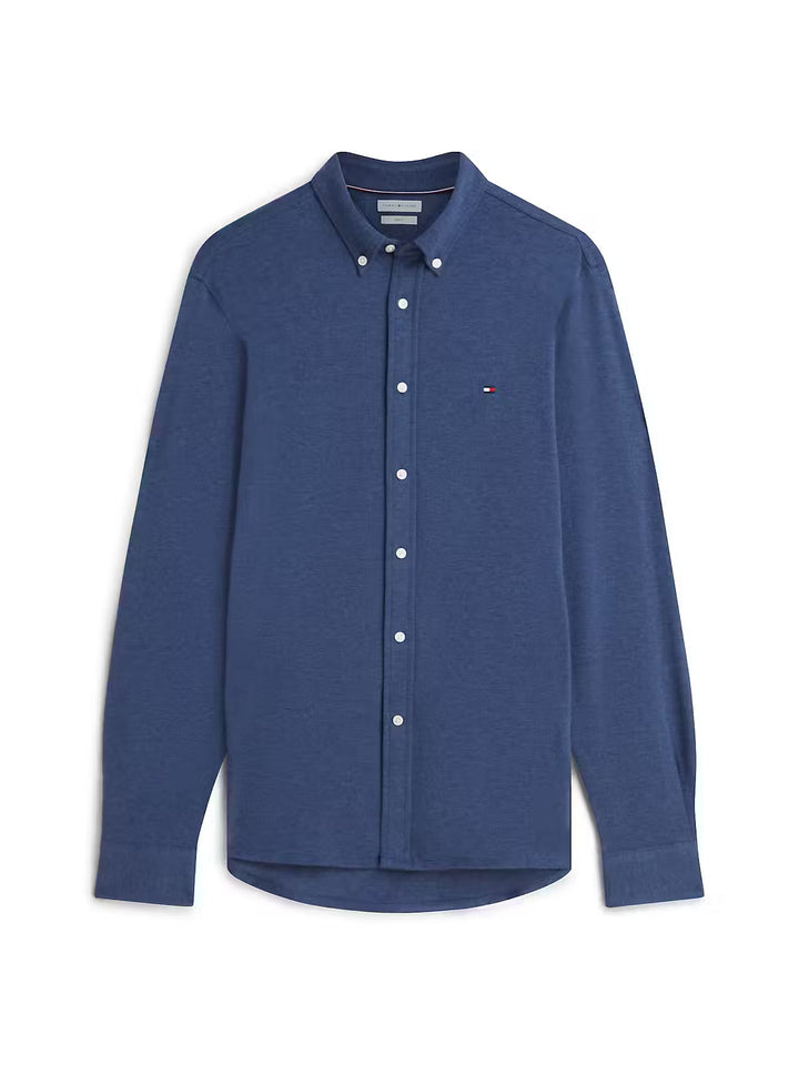 Dark blue pique denim shirt with pointed collar, button front, long sleeves