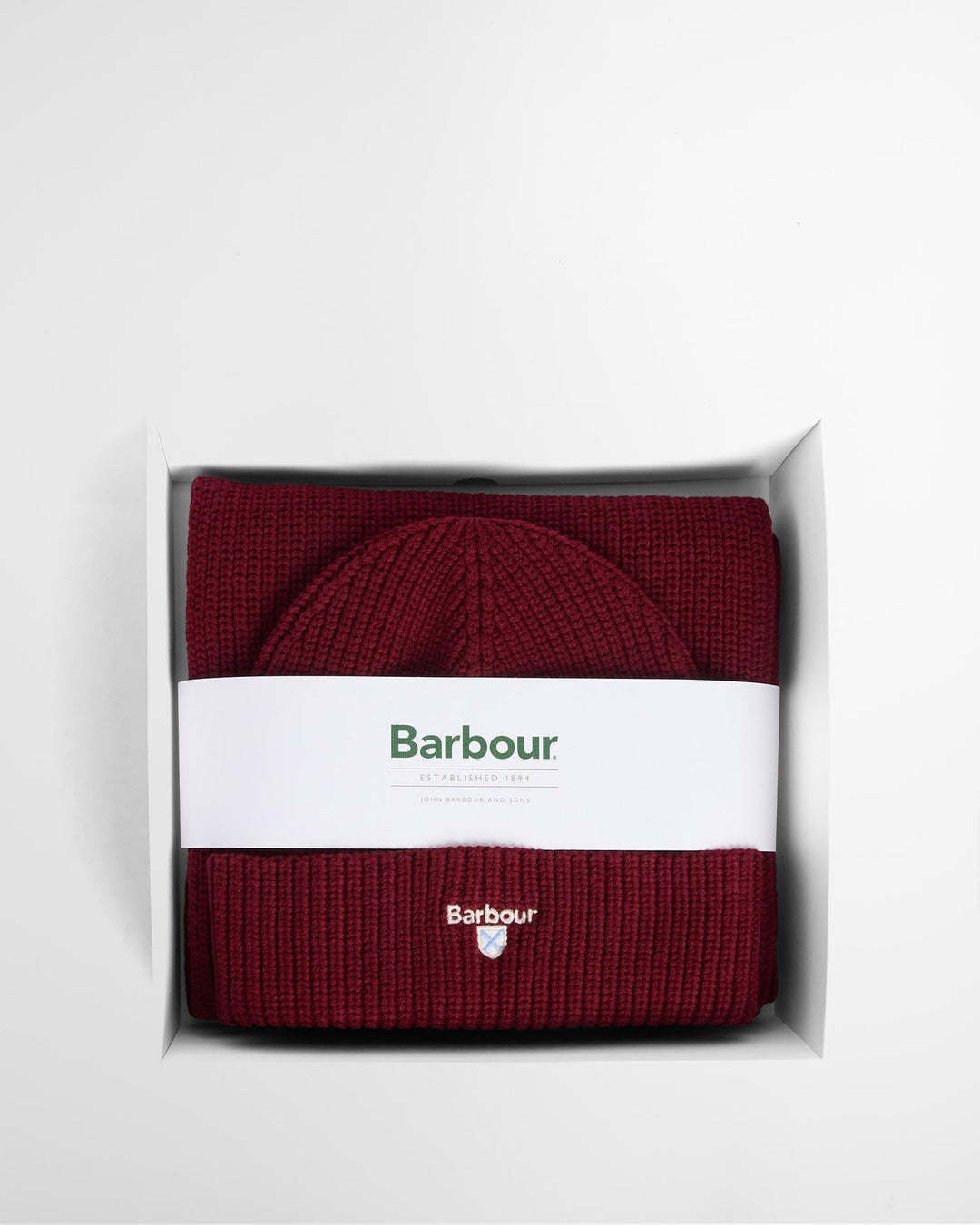 Wine red beanie and scarf set in gift box with BARBOUR branding