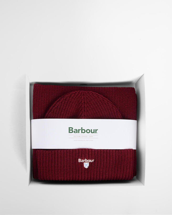 Wine red beanie and scarf set in gift box with BARBOUR branding