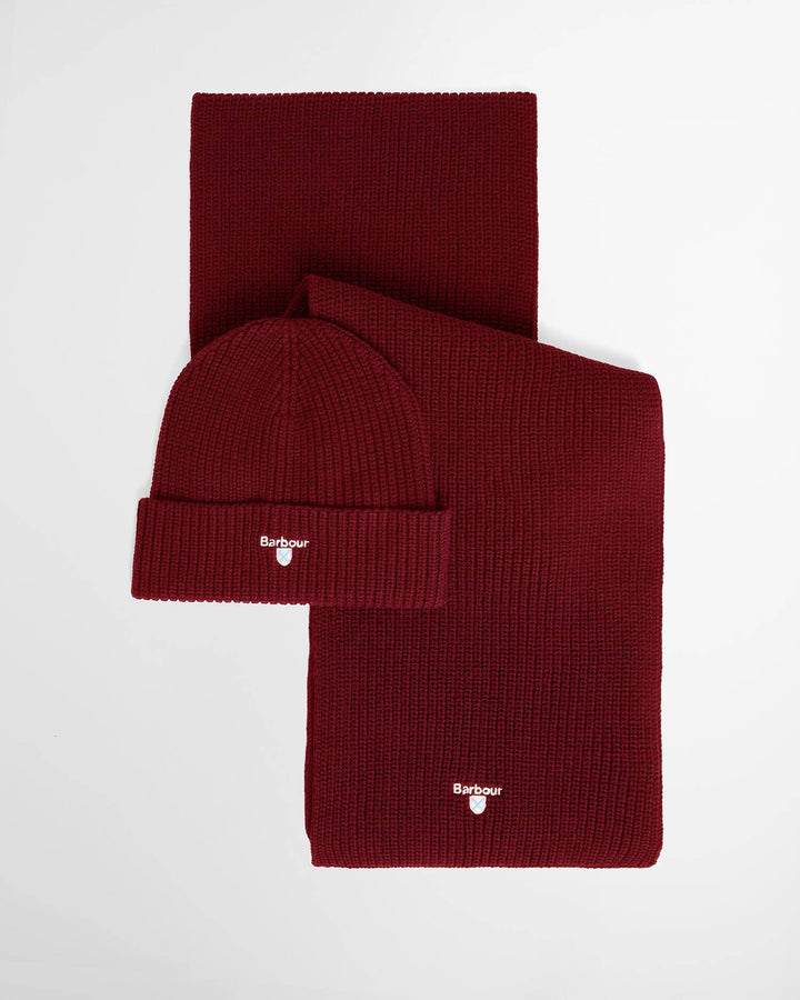 Wine red ribbed beanie and matching scarf set with BARBOUR stitched logo