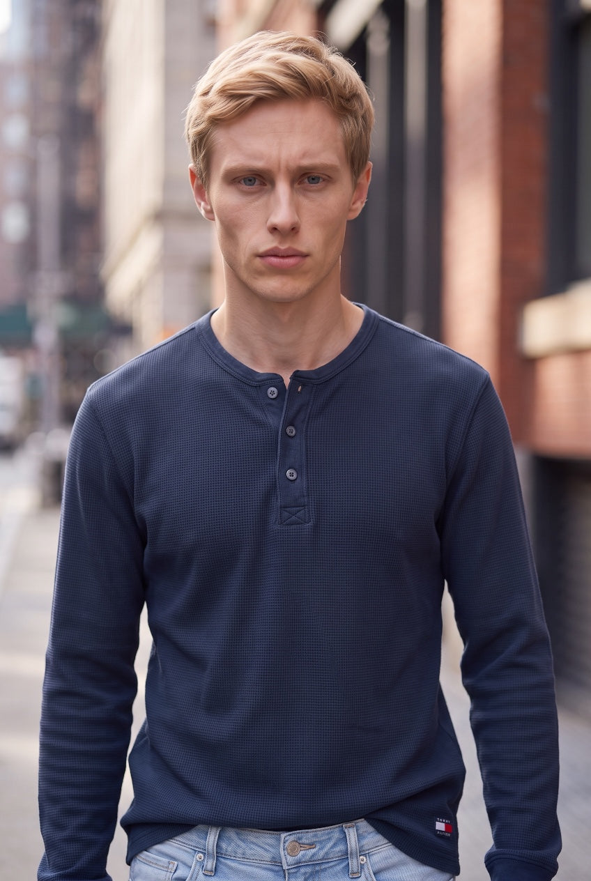 TOMMY JEANS DARK BLUE WASHED WAFFLE LS HENLEY