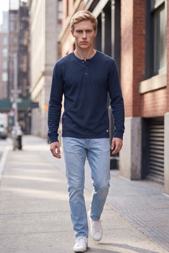 TOMMY JEANS DARK BLUE WASHED WAFFLE LS HENLEY