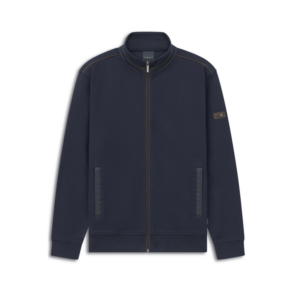 Navy zip-up sweatshirt with stand collar, front pockets, and logo patch on sleeve